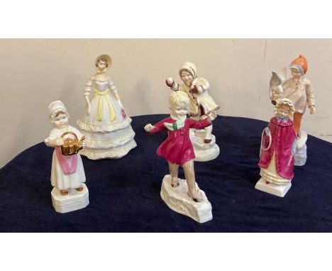 A selection of six Royal Worcester figures and one by Royal Doulton, December, Crinoline, Georgina etc 