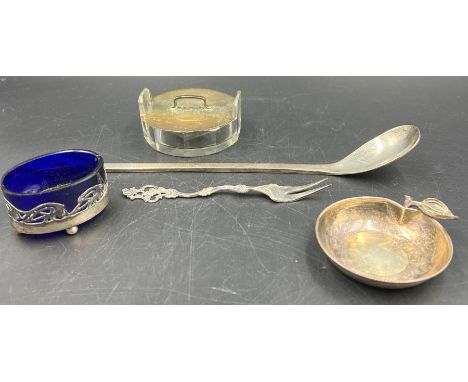 A Silver pin dish, marked 0925, silver lidded glass pin dish, Norwegian Fork by T H Marthinsen and a long spoon by PGMA and a