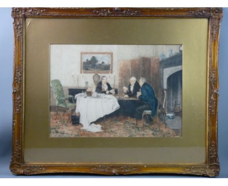 DENDY SADLIER coloured lithograph - interior scene, three gentlemen playing cards, 31 x 44 cms