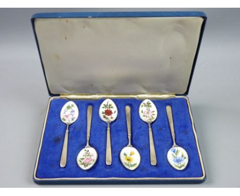 A CASED SET OF SIX SILVER & ENAMEL TEASPOONS