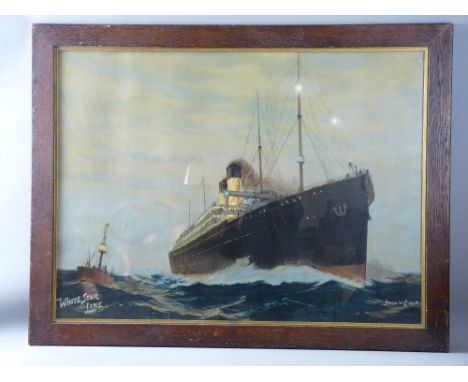 NORMAN WILKINSON coloured print - White Star Line twin funnel 'RMS Celtic' at dusk passing a light ship, printed by the Liver