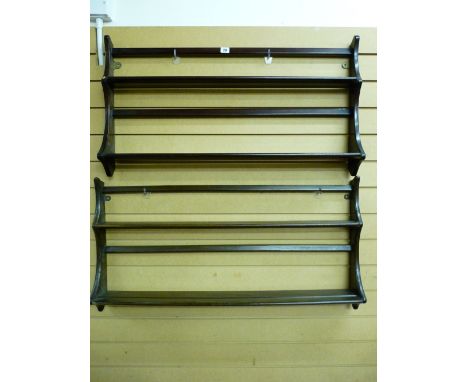 TWO DARK WOOD ERCOL TWIN SHELF HANGING WALL RACKS