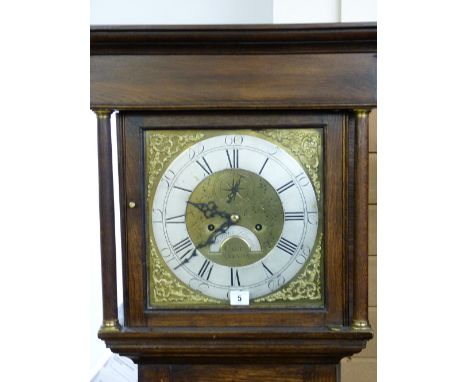 AN EARLY 19th CENTURY & LATER OAK LONGCASE CLOCK, the 12 ins square dial brass faced with silvered chapter ring set with Roma