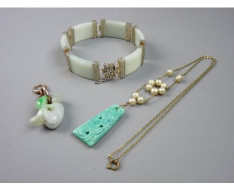 A 925 SILVER & LIGHT GREEN JADE BRACELET of six oblong tablets, 34.5 grms, a jade monkey pendant with gold hanging loops and 