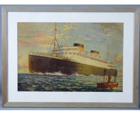 WALTER THOMAS coloured print - of the White Star Line 'Georgic' steaming past a light ship, 38 x 58 cms