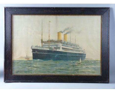 NORMAN WILKINSON coloured print - Canadian Pacific 'Empress of Scotland' steaming past a light ship with attendant yachts etc