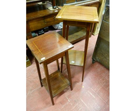 TWO EDWARDIAN MAHOGANY & STRING INLAID SQUARE TOPPED PLANTER STAND with base shelves