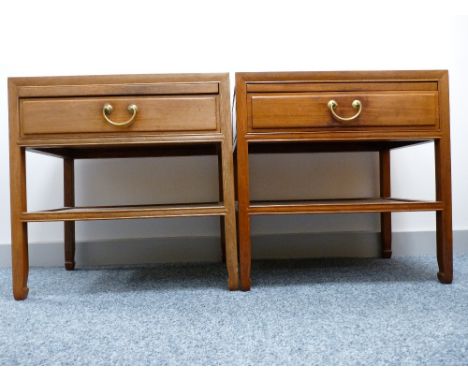 A PAIR OF CHINESE ROSEWOOD SIDE TABLES with single drawer and platform slide and under tier shelf, 56.75 cms high, 56 cms wid