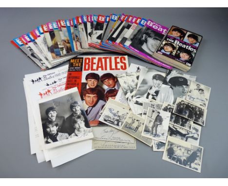 THE BEATLES MEMORABILIA to include two official Fan Club cards and newsletters, thirty eight copies of 'The Beatles' monthly 