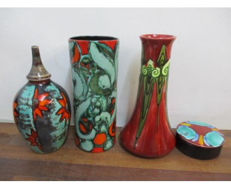 A Minton vase together with a Janet Parker-Laird cylinder vase, Poole pot with lid and a Poole vase by Nicola MassarellaLocat