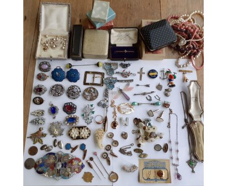 Vintage costume jewellery to include a 9ct gold and purple stone bar brooch and others, early 20th Century hat pins and shoe 