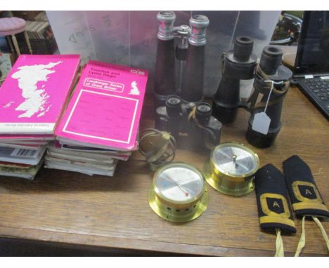 A group of binoculars and other  items to include Ross binoculars, a pair of epaulets, a barometer and thermometer set and a 