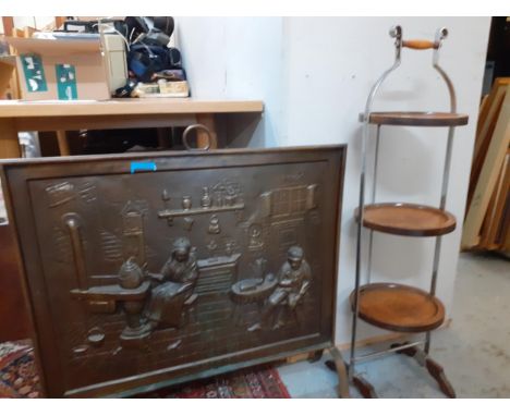 A chrome framed and oak folding cake stand, together with a metal firescreen, Location: RWB 