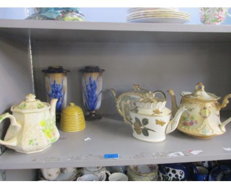 A pair of Doulton vases, four Victorian and later teapots and a Beswick honey pot 