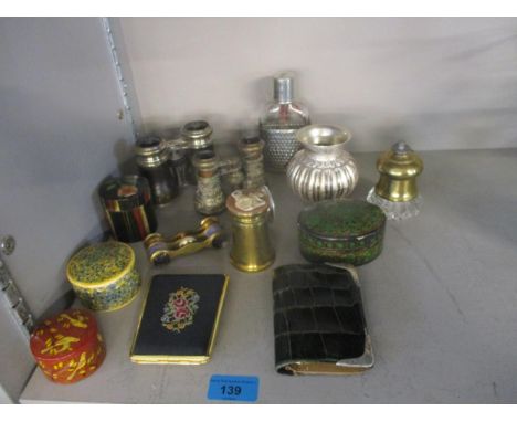 A mixed lot to include a silver rib decorated vase, 160.9g, an Italian brass and glass lighter, and a brass pot and cover wit