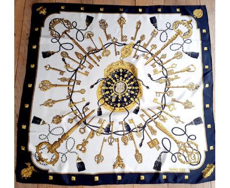 Hermes-A vintage Cathy Latham-Audibert 'Les Clefs' silk scarf depicting an eighteenth-century navy velvet and gold purse to t