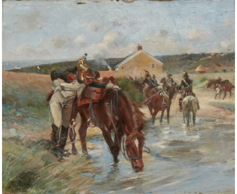 Raoul Arus, French 1848-1921- A French soldier with his horse drinking from a puddle; oil on panel, signed 'R. Arus' (lower l