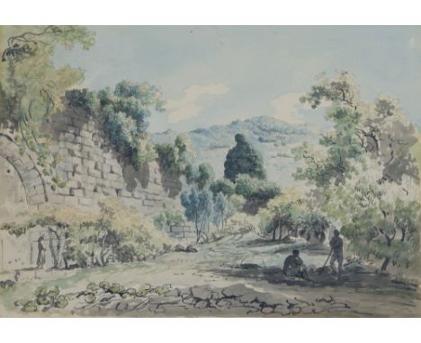 Carlo Labruzzi, Italian 1748-1817- An Italian landscape with ruins and figures; pencil, watercolour and grey wash on laid pap