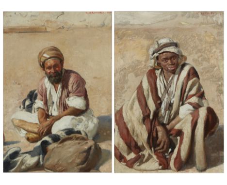 Samuel Brunner, Austrian 1858-1939- Two studies of men, seated full-length and wearing head coverings; each oil on canvas, th