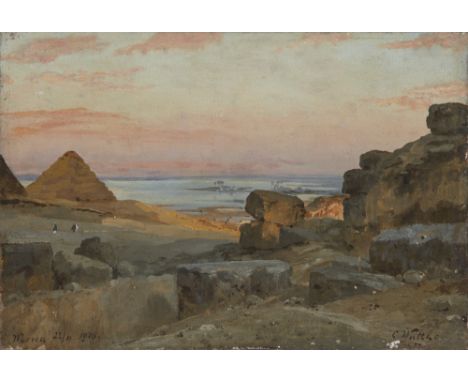 Carl Wuttke, German 1849-1927- Sunset at Mena; oil on canvas laid down on board, signed 'C. Wuttke' (lower right), inscribed 