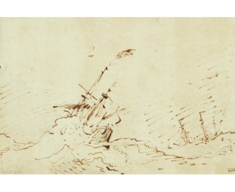 Willem van de Velde the Younger, Dutch 1633-1707- Two ships in a gale; black chalk, pen, and brown ink on paper, signed with 