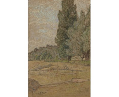 Pierre Ernest Prins, French 1838-1913- A rural landscape with cypress trees, and buildings on a hill beyond; pastel on paper,