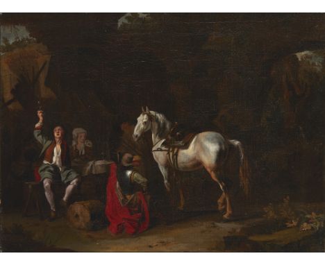 Circle of Nicolaes Pieterszoon Berchem, Dutch 1620-1683- Figures with a horse in a rocky setting; oil on canvas, 40 x 53.5 cm