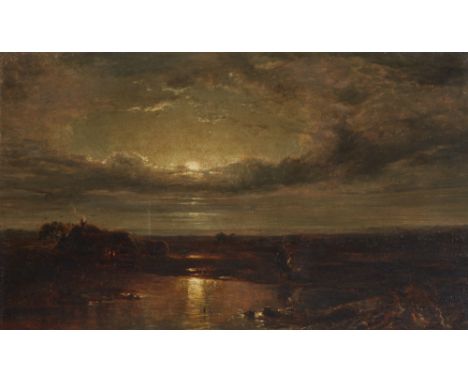 Jean Amédée Baudit, Swiss 1825-1890- A moonlit landscape with two figures walking towards a cottage, beside a lake; oil on pa