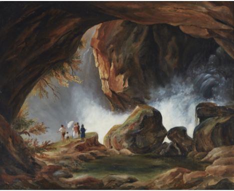 Follower of Philip James de Loutherbourg, RA, French / British 1740-1812- A waterfall with figures standing at the edge of a 