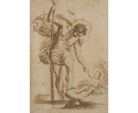 After Francesco Amato, Italian c.1590-?- St Christopher and the infant Christ; pencil and brown wash on laid paper, 33.8 x 23