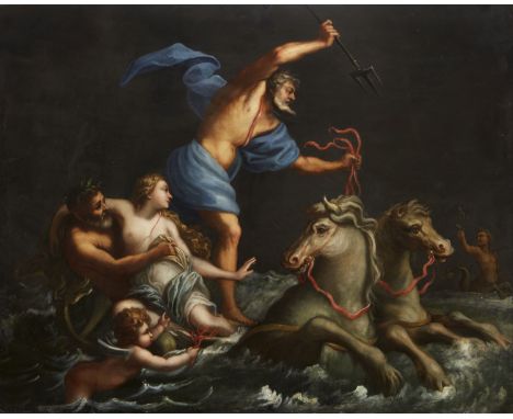 Follower of Filippo Lauri, Italian 1623-1694- The Triumph of Neptune and Amphitrite; oil on lavagna slate, 54 x 68.4 x 2.2 cm