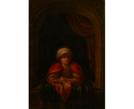 After Caspar Netscher,  Dutch 1639-1684- Young Armenian leaning from a window; oil on panel, 24.5 x 18 cm. Provenance:  Priva