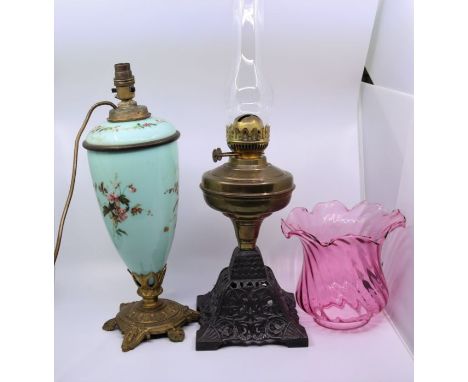 A 19th cent opaline&nbsp; lamp and a cranberry glass oil lamp shade&nbsp;