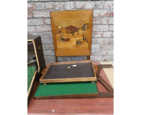 folding card table, marquetry fire screen and vintage lap tray
