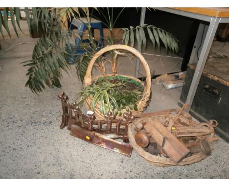 wicker baskets, tools and firedog etc