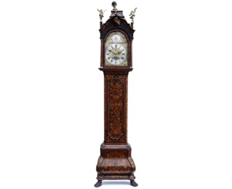 An 18th century Dutch marquetry eight day longcase clock by Frans Burel, Amsterdam the arched dial with an arcaded Arabic min