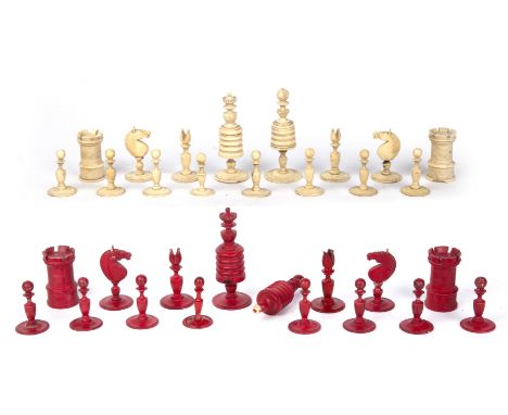 A 19th century barleycorn pattern turned bone chess set, the King 9.5cm highbase missing to one kin, two replaced pieces, oth