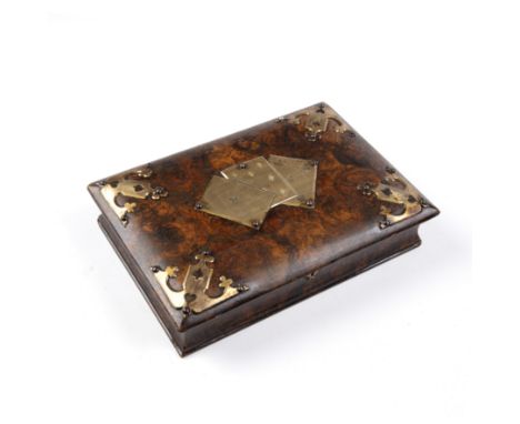 A Victorian brass mounted playing card box with scumbled faux burr wood decoration 29cm wide 19cm deep