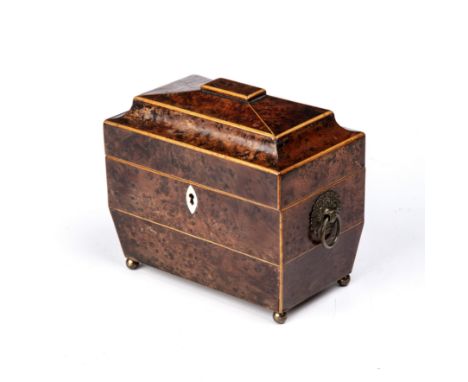 A George III burr yew wood tea caddy of sarcophagus form with brass ring handles and brass ball feet 20cm wide 12cm deep 18cm
