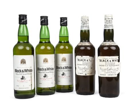 Two Vintage 1960s bottles of James Buchanan Black and White choice old Scotch whisky and three bottes of later Black and Whit