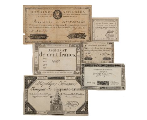 A collection of banknotes and 19th century cheques Consisting of a group of six late 18th century Fench banknotes to include 