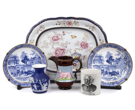 A group of English pottery items to include an earthenware jug, an ironstone platter; a rare lustre jug with a horse and cow,