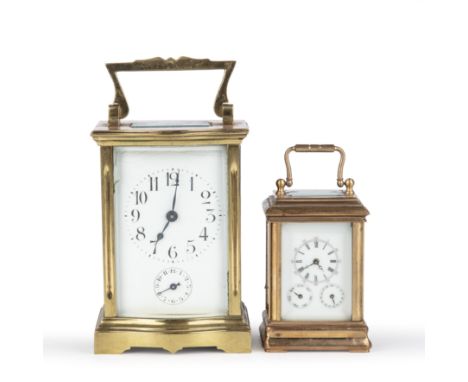 A 19th century French miniature carriage timepiece 5cm wide 8cm high together with a  bow fronted carriage clock 8cm wide 20c