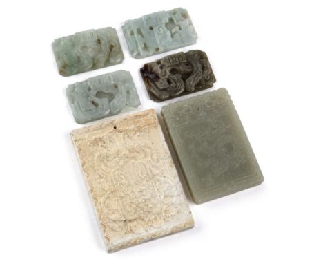 A Chinese jade plaque pendant with carved phoenix decoration 4.5cm x 6.4cm and five Chinese hardstone panels. (6)  From the e