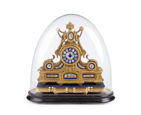 A late 19th century French ormolu mantle timepiece by Phillipe Mourey with porcelain inset panels, 38cm wide 38cm high, mount