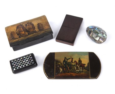 A 19th century German papier mache spectacle case 14cm wide papier mache box a yew wood card case, a mother of pearl egg and 