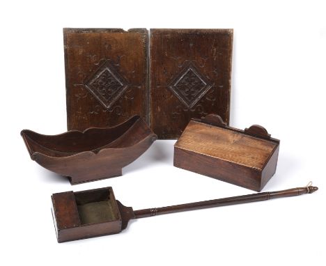 A 19th century mahogany offertory box with a turned handle 94cm together with an antique elm candle box 35cm wide a Georgian 