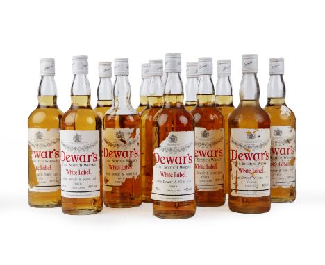 Twelve 75cl bottles of Dewars white label, fine Scotch whisky, old bottlingSome lose to labels