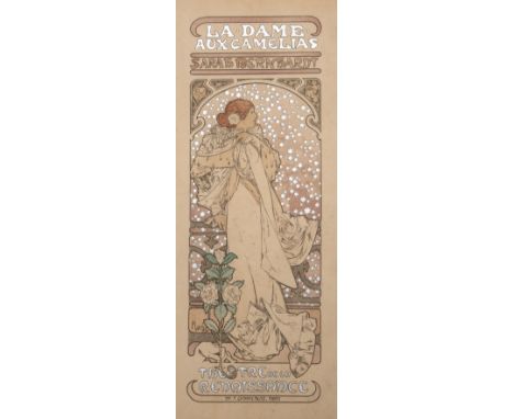 Alphonse Mucha (1860-1939) La Dame Aux Camelias, Lithograph in colour, the image 36cm x 14cmextenstive browning to reverse, t