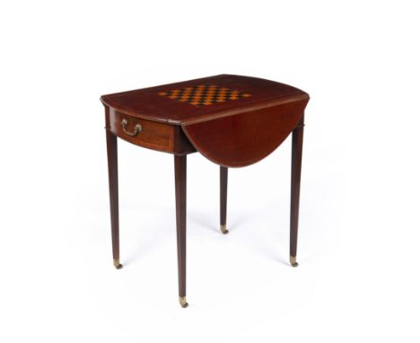 A Sheraton games Pembroke table, with a chess board inlaid top and square tapering legs 52cm wide x 74cm deep x 73cm highFrom